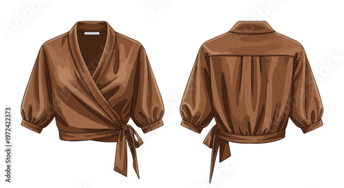 Elegant brown wrap blouse illustration featuring front and back views with tie detail and puff sleeves