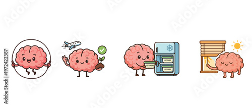 Cute brain characters exercising planting storing food and opening blinds