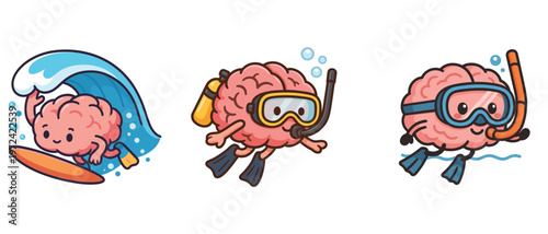 Cartoon brains surfing and snorkeling underwater
