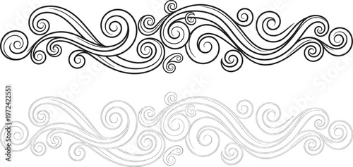 Elegant Swirl Wave Divider Ornament Set Featuring Decorative Curved Lines, Vintage Flourish Patterns, and Stylish Border Elements in Black and White Line Art