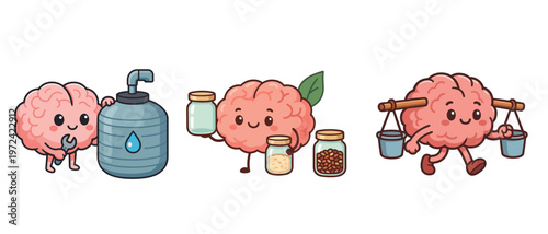 Cute cartoon brains with water and jars vector illustration