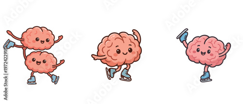 Cute brains ice skating vector illustration set
