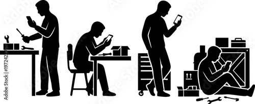 Industrial worker distracted by smartphone during work, technician productivity loss and mobile phone addiction silhouette set