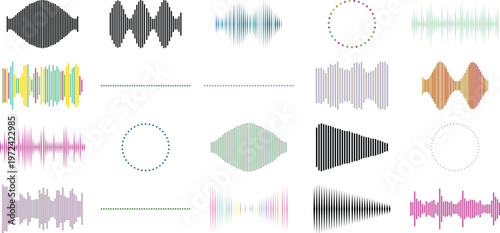 Digital sound wave collection with 20 audio frequency elements, colorful music equalizer bars and sonic pulse vibrations. Abstract voice recording waveforms in various shapes including circular