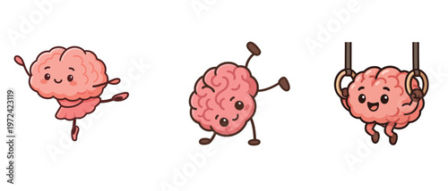 Cute brain characters dancing and exercising flat vector