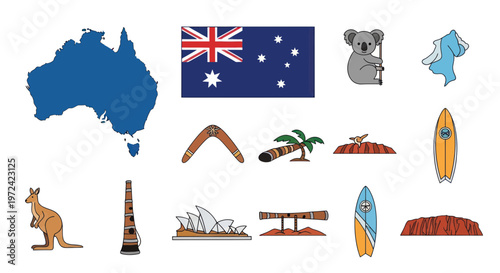 Australia Icons: Map, Flag, Kangaroo, Koala, Sydney Opera House, Uluru