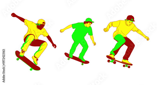 Three skateboarders in motion, dynamic action, vibrant colors, isolated on white background