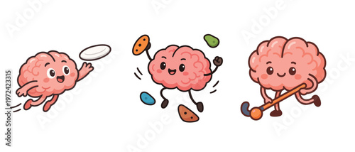 Cute Brain Characters Playing Different Sports Activities