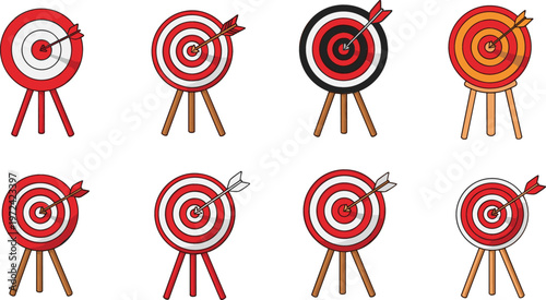Archery Target Icon Set Featuring Bullseye Boards with Arrows, Accuracy Symbols, and Shooting Practice Elements for Sports and Goal Achievement Design