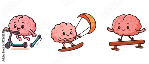 Brain Characters Riding Scooter Kitesurfing and Balance Beam