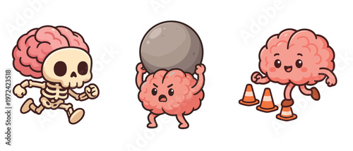 Cartoon brain characters running lifting and training