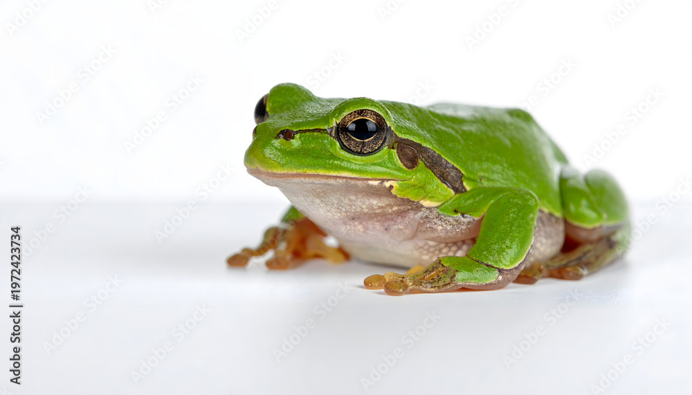 Fototapeta premium A green frog is sitting on a surface looking ahead slowly.
