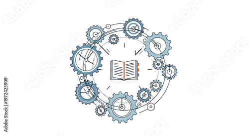 Cogs and gears surrounding an open book learning process