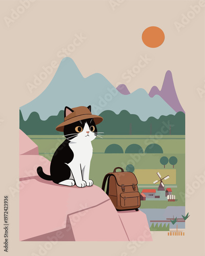 Cat sitting on rock with backpack near mountains and fields during sunset