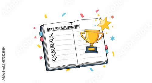 Daily Accomplishments Notebook with Trophy and Confetti Illustration