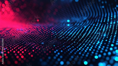 A vibrant abstract digital wave pattern formed by glowing dots flowing from red to blue on a dark background illustrating futuristic high technology v
