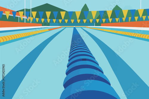 Swimmers prepare for competition in a colorful pool setting with lanes marked in bright colors