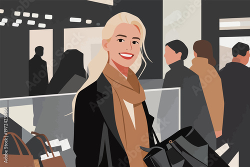 Woman shopping in a busy store with bags during a weekend afternoon in a modern retail environment