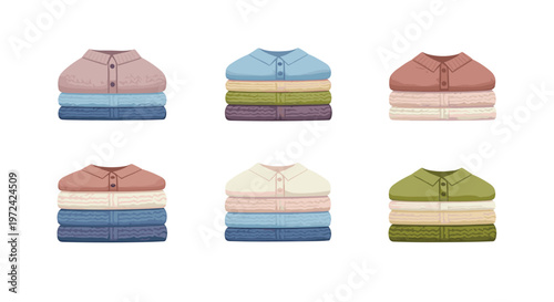 Six separate stacks of neatly folded polo shirts in various pastel shades like blue, pink, and green are organized across a pristine white background.