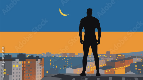 Superhero stands on a rooftop looking over a city at night under a crescent moon with a colorful sky