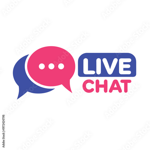 Blue and pink speech bubble with live chat text and three dots