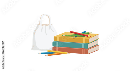 A vibrant stack of three colorful books is accompanied by several scattered colored pencils and a white educational drawstring bag on a clean white background.