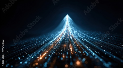 Flowing digital lines converge into a bright peak with bokeh