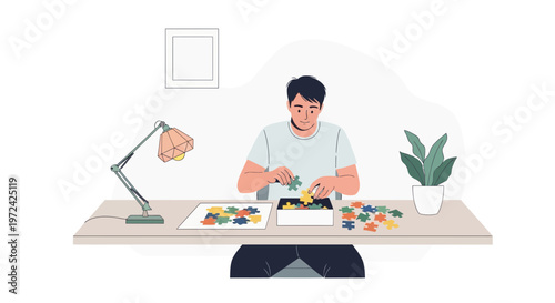 Man assembling a colorful jigsaw puzzle at a desk, indoor activity, focus and concentration