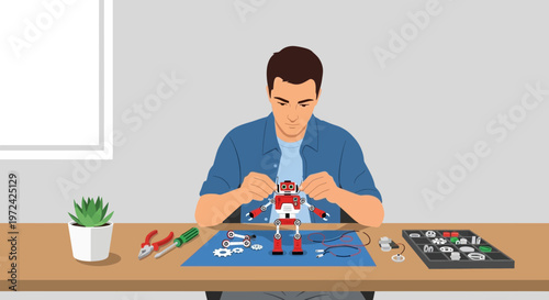 Man assembling a robot model kit on a desk with tools and parts