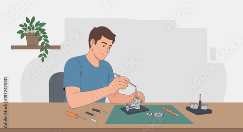 Man assembling a small mechanical model with tools on a desk, hobby concept