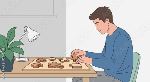 Man assembling a wooden jigsaw puzzle at a desk, focused on hobby and leisure activity