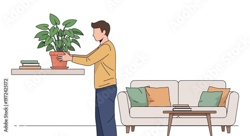 Man caring for a houseplant in a modern living room with sofa and coffee table