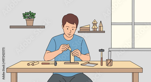 Man carving wood at a table, crafting hobby, DIY project, creative workshop