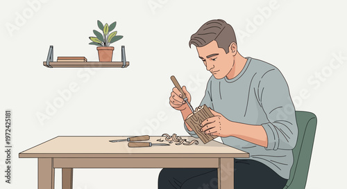 Man carving wood at a table, hobby, craftsmanship, focused, indoor activity