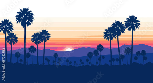 Palm Trees Silhouette at Sunset Over Mountains, California Landscape