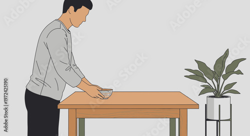 Man cleaning a wooden table with a cloth, home hygiene and tidiness concept