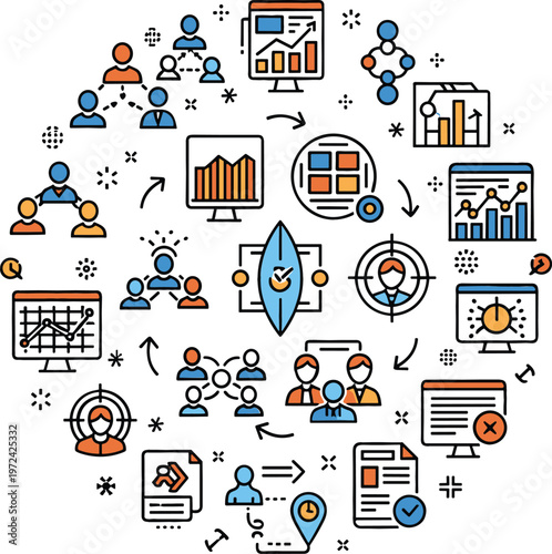 Business Strategy and Data Analysis Illustration with Team Collaboration, Market Research, Financial Charts, Performance Metrics, and Project Management Workflow Concepts