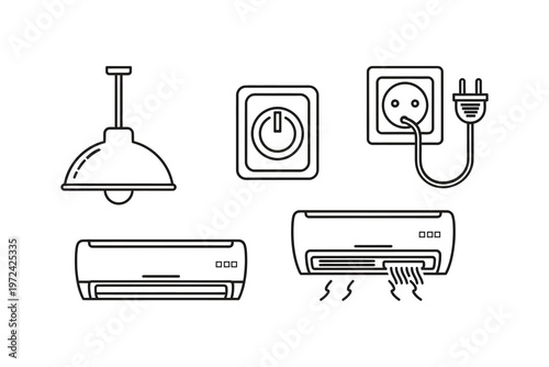 A collection of simple outline illustrations representing various common household electrical items. Vector