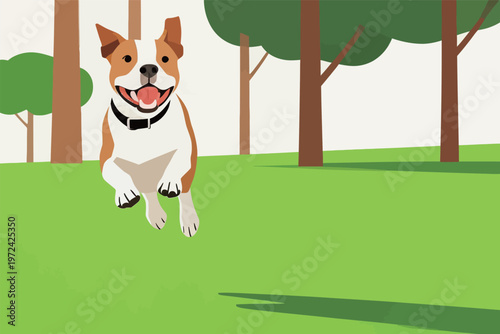 Dog runs happily in green park with trees on a sunny day, enjoying outdoor playtime with full energy