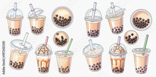 Set of refreshing bubble tea drinks with tapioca pearls and straws in various plastic cups.