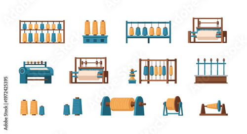 A diverse collection of meticulous industrial textile machinery and vibrant thread spools is displayed in an organized arrangement against a white backdrop.