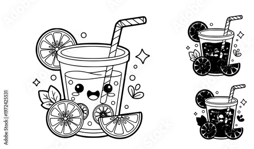 Lemonade pitcher and lemon fruits coloring book page vector line art illustration isolated on white background