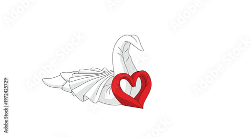 A meticulously folded white towel swan is adorned with a vibrant red heart-shaped towel accent on a clean and minimalist white studio background.