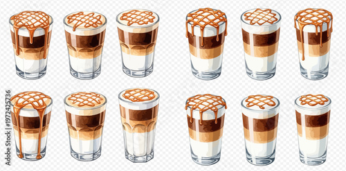 Set of caramel macchiato coffee drinks in glass cups, isolated on a transparent background.