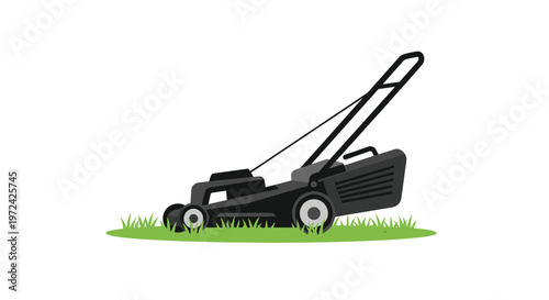 A sleek black walk-behind push lawn mower is depicted on a small patch of bright green grass against a clean and minimalist white background space.