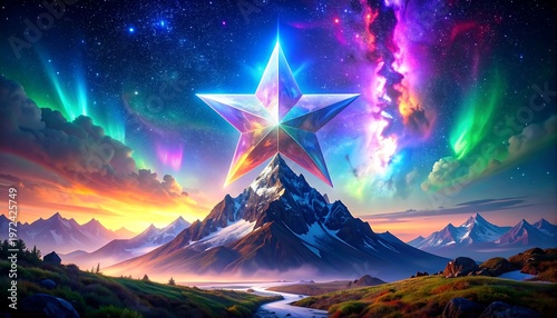 Majestic Star Above Mountain Peaks Illuminated by Aurora Borealis.