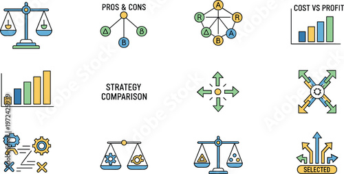Business strategy and analytics icons set with balance scale charts network diagram arrows and cost profit comparison vector illustration