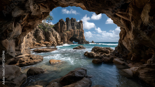Coastal Cave View with Rocky Formations and Blue Ocean Horizon