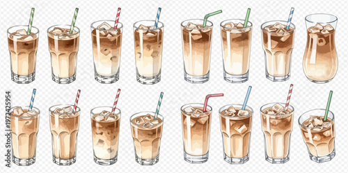 Collection of refreshing iced coffee drinks in various glass types with straws, perfect for summer beverages.