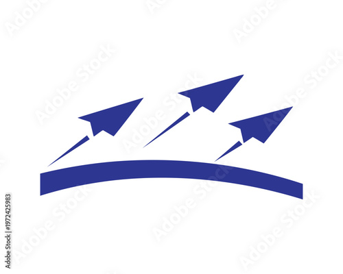 A blue graphic showing three paper airplanes launching upwards from a curved horizon line surface Vector